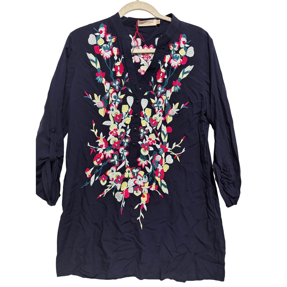 Navy Blue Floral Embroidered Tunic Top or dress Dress Sz M boho peasant resort